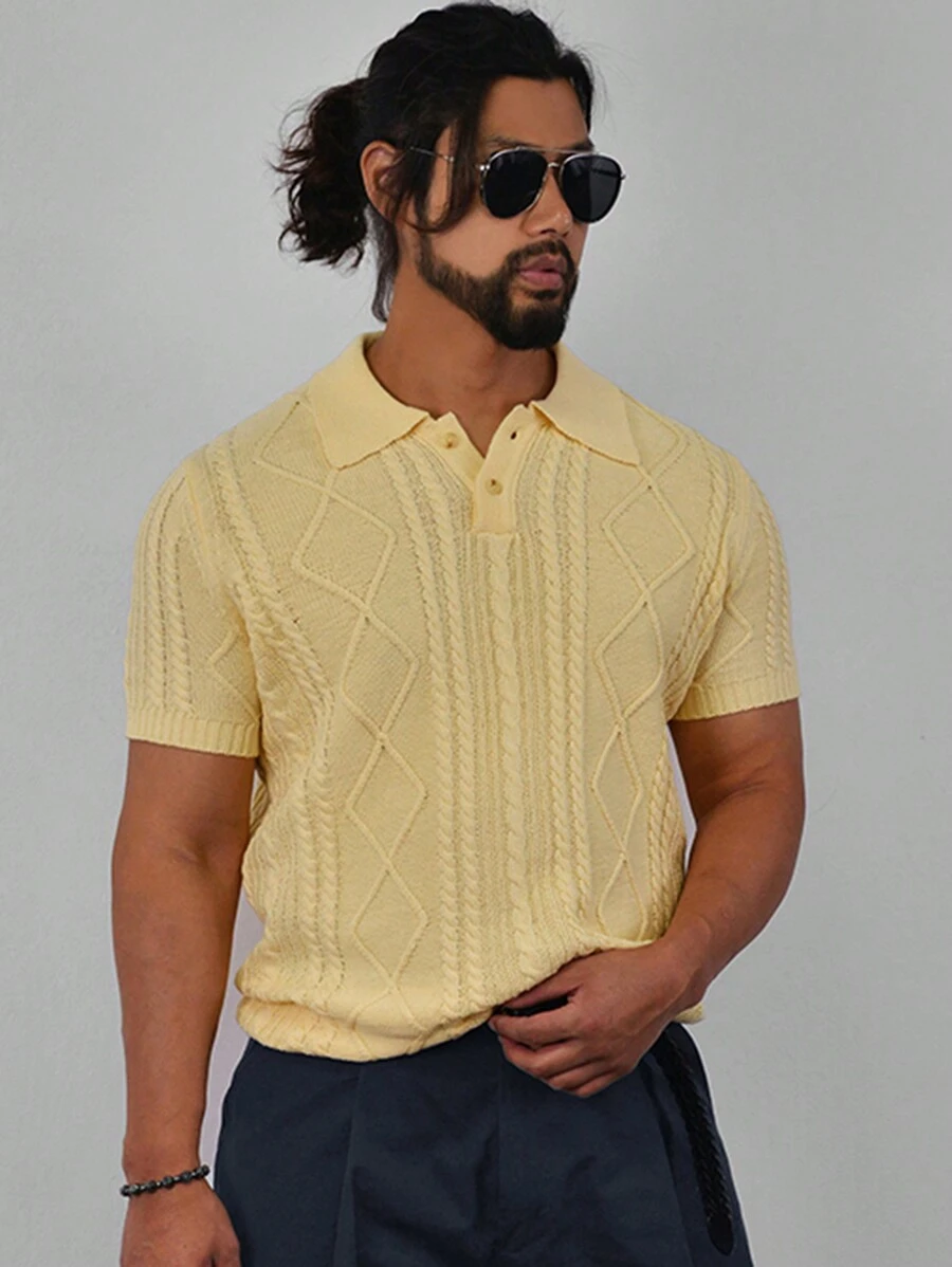 DAZY Men's Summer Solid Color Knitted Top - Yellow - View 1