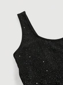 Eryvara 不对称细肩带露背金属闪光修身黑色连衣裙，带皱纹、开衩和紧身设计，适合女性长款女装 - 黑色 - 查看 3