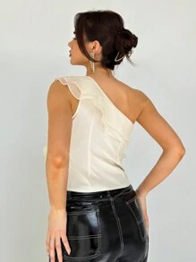 Aloruh Top con diseño de un solo hombro al estilo francés con capas y ribetes múltiples, elegante para vacaciones o citas en primavera y verano - Albaricoque - Ver 2