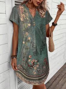 EMERY ROSE Vestido azul marino casual con botones ocultos y pequeño escote en V - Verde - Ver 5