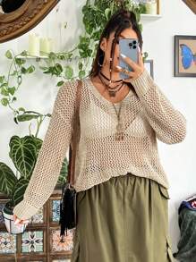 Flirla Plus Size Plain Fashionable Retro Hollow Knitted Long Sleeve Sweater Fall Winter - Multicolor - View 1