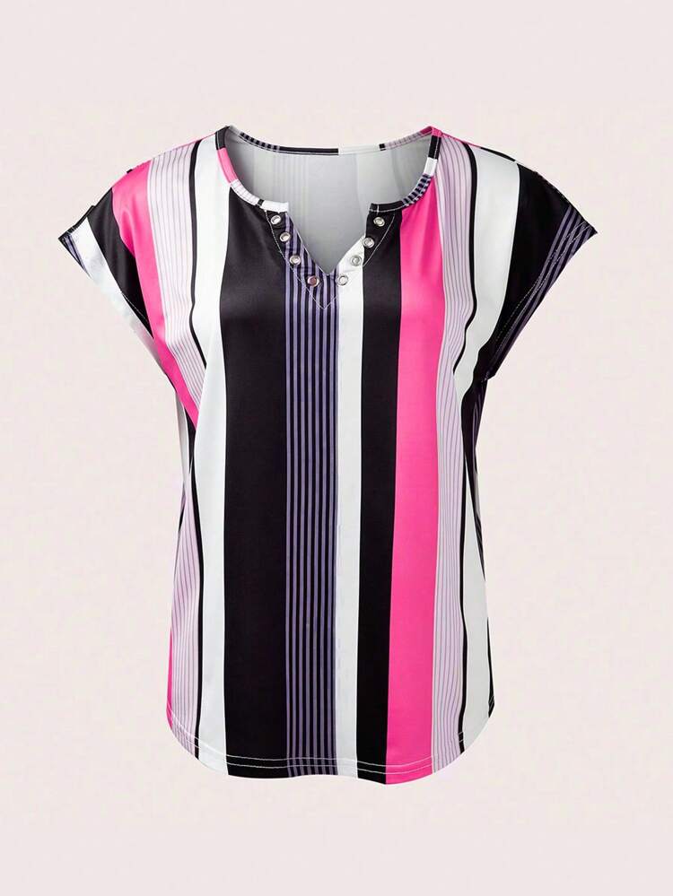 Women's Summer Striped & Printed Notched V-Neck Short Sleeve Casual T-Shirt