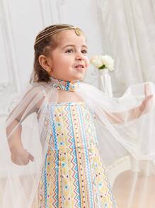 SHEIN Baby Girls'  Geometric Pattern Dress With Shawl Set, Summer - White - View 8