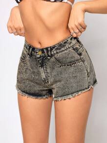 Women's Frayed Hem Summer Fashion Denim Shorts, Washed - Black - View 2