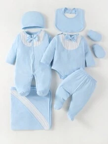 SHEIN 嬰兒男童淺藍色連體衣和短袖衣套裝，長袖，帽子，圍嘴，手套和毯子配套禮盒 - 淺藍色 - 查看 1