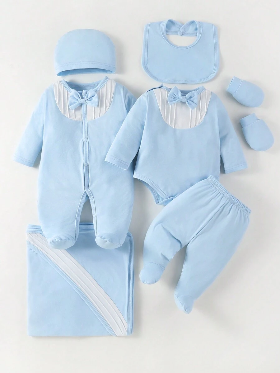 SHEIN 嬰兒男童淺藍色連體衣和短袖衣套裝，長袖，帽子，圍嘴，手套和毯子配套禮盒 - 淺藍色 - 查看 1