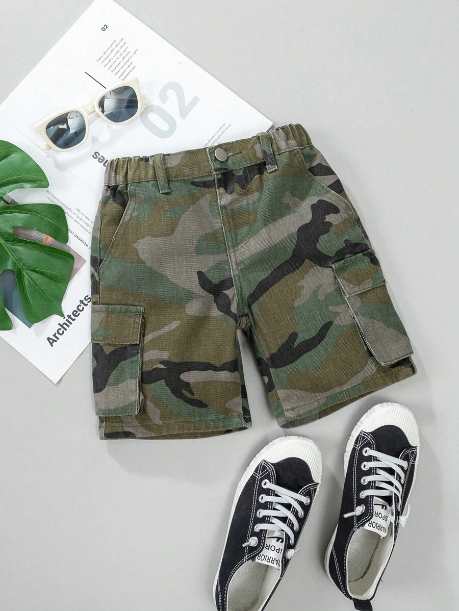 Young Boy New Casual Stylish Camouflage Workwear Style Washed Denim Shorts - Army Green - View 1