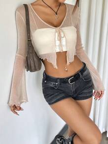 SHEIN EZwear Ladies' Summer Solid Color Front Tie Mesh Long Sleeve Crop Top With Shimmer