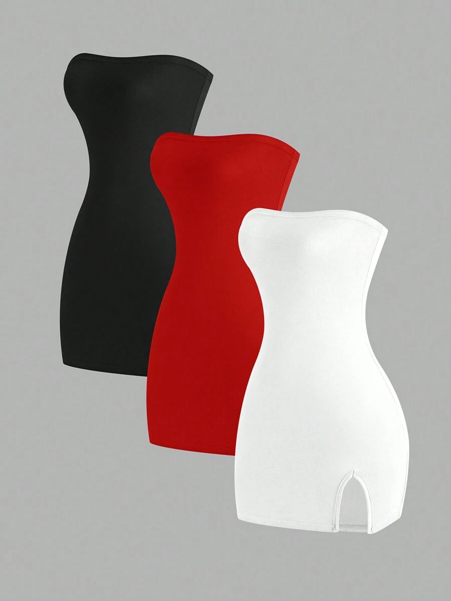 SHEIN Unity Váy bó sát 3 mảnh cho nữ có viền xẻ, kiểu Bandeau, dáng ôm, trang phục ngắn mùa hè cho nữ - Nhiều màu - Xem 1