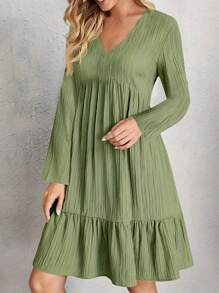 Women's Summer Solid Color V-Neck Ruffle Hem Long Sleeve Dress - Green - View 1