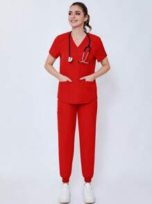 Women's Matte Elastic Jogging Nurse Scrub Uniform Set With Pocket, Breathable Brush Hand Clothing, Workwear - trái cam - Xem 4