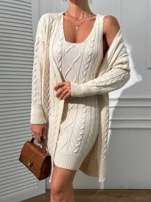 EURMUSE Elegant Cable Knit Square Neck Mini Sweater Dress & Cable Knit Cardigan 2 Piece Co-Ords - Beige - View 3