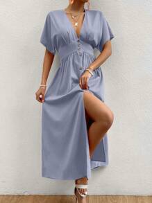 Chiquease Solid Color Batwing Sleeve Front Button Slit Dress For Holiday And Leisure - Blue - View 5