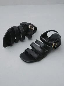 女式方頭粗跟編織涼鞋，配有蝴蝶結裝飾 - 黑色 - 查看 3