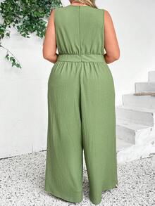SHEIN CURVE+ Enterizo sin mangas verde menta con escote en V y pantalones de pierna ancha - Verde Oliva - Ver 2