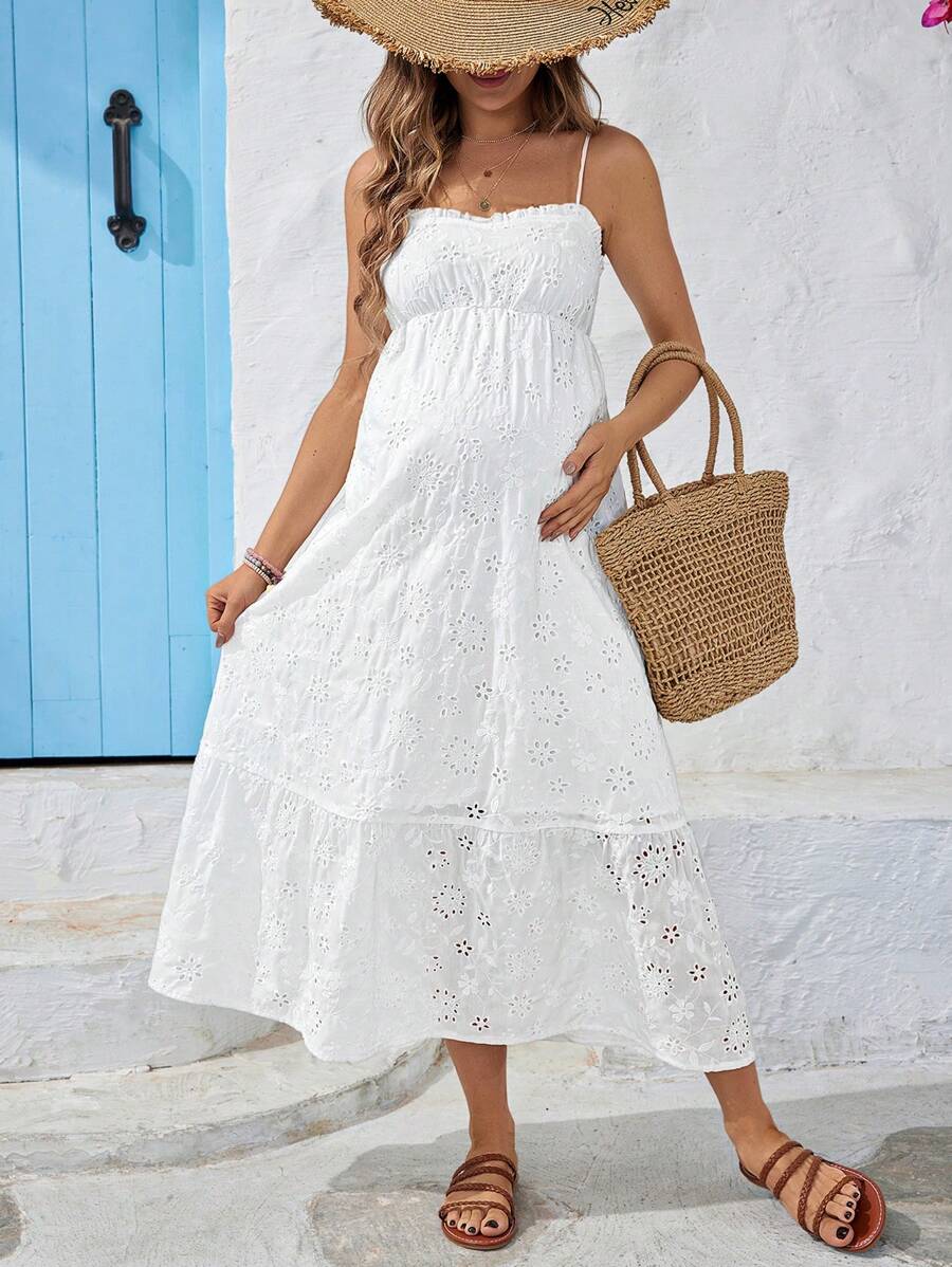 SHEIN Maternity Island Vacation Embroidered Hollow Out Spaghetti Strap Dress With Ruffled Trim - White - View 1