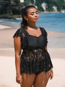 SHEIN Swim Curve Plus Size Jednokolorowy koronkowy falbaniasty top oddziela dwuczęściowy kostium kąpielowy na lato