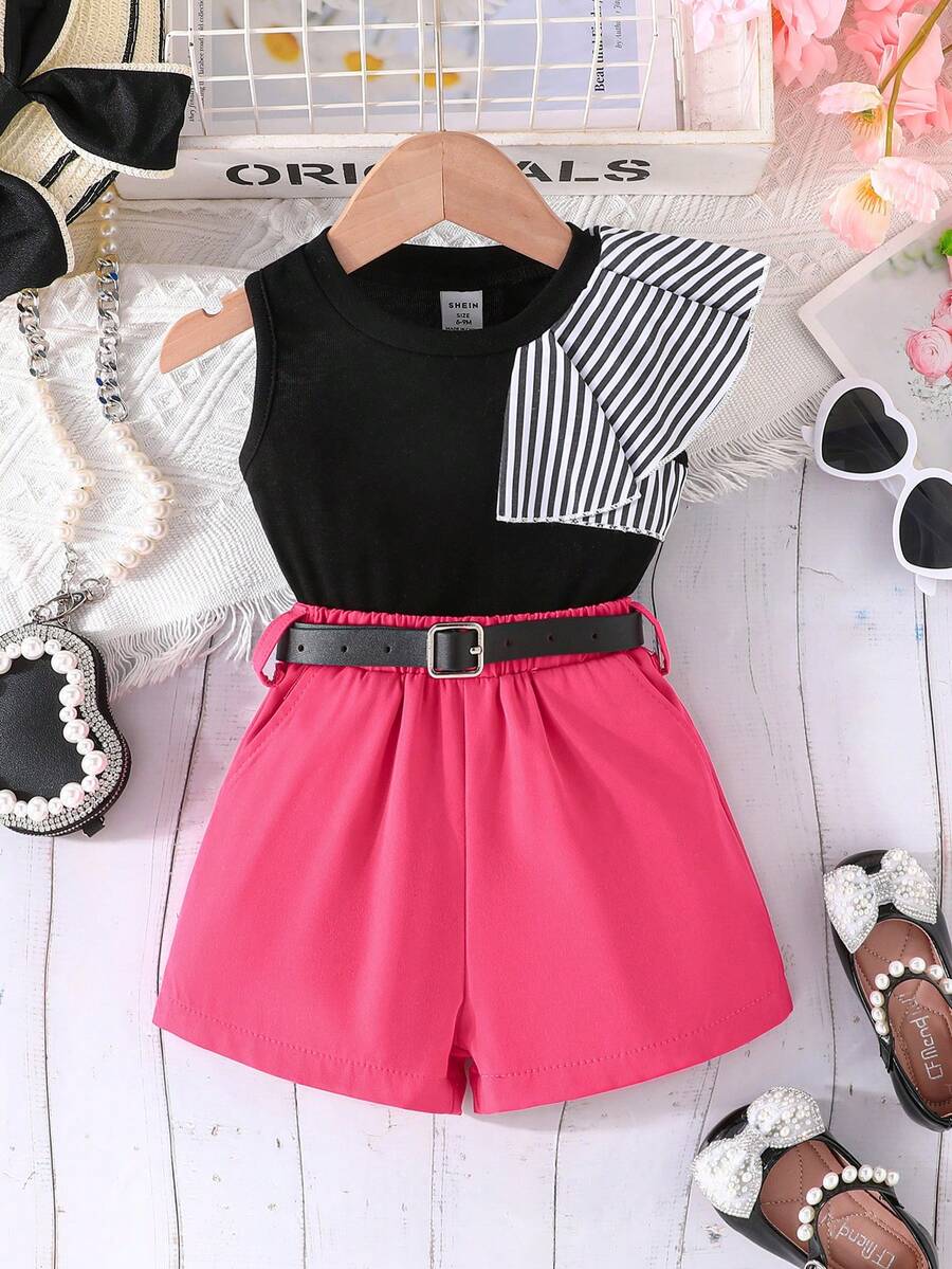 2pcs Baby Girls' Striped Splicing Top And Shorts Summer Outfits - Multicolor - View 1