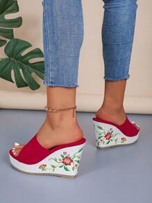 Women's Fashion Random Print Pattern Round Toe Anti-Slip Platform Wedge Sandals Valentines - Red - View 2