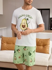 Summer Avocado Cute 2pcs Men's Homewear Set - Multicolor - View 6