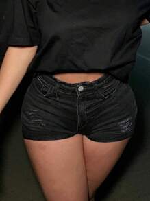 Women's Summer New Ripped Pocket Denim Shorts - Black - View 5