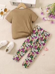 SHEIN Young Girls' Summer Casual Flower & Letter Printed Short Sleeve T-Shirt And Long Pants Set
