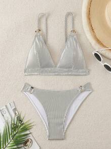 SHEIN Swim Ladies' Striped Sexy Bikini Set For Beach Vacation, Two-Piece Swimwear,Summer Beach