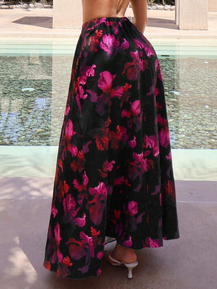 Vacation Holiday Resort Cute Sexy Floral Printed A-Line Beach Holiday Skirt With Oversized Full Hem For Women, Summer