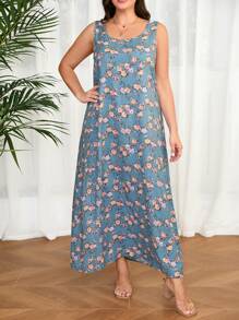 Mulvari 加大码圆领纯色不对称下摆上衣和花卉印花无袖连衣裙套装 2 件套