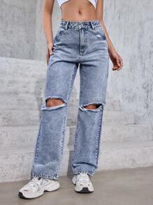SHEIN PETITE Jeans rasgados de unicolor y sencillos para mujer para uso diario