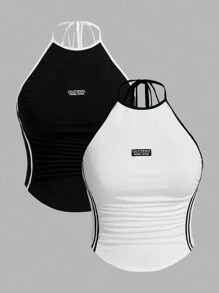 SHEIN ICON Plus 2pcs Contrasting Binding Striped Side Tie Halter Y2k Top (Pack Of 2), For Summer