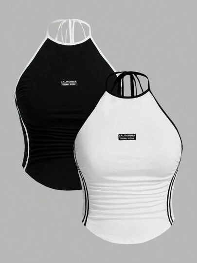 SHEIN ICON 另外还有 2 件对比色条纹侧系带吊带 Y2k 上衣（2 件装），适合夏季