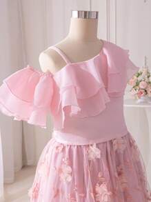 SHEIN Cô gái Vai xiên Hai lớp Trang trí lá sen Áo Với Lưới Thêu Váy Cốt lõi Hai chiếc Bộ - Hồng - Xem 6