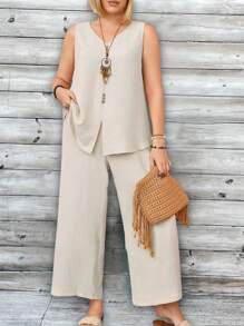 EMERY ROSE 大尺碼女性簡約純色無袖上衣和長褲兩件套組 - 杏色 - 查看 4