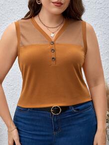 SHEIN LUNE Plus Half Button Curved Hem Tank Top - Brown - View 5