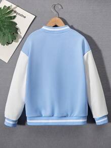 SHEIN Chaqueta casual de manga larga con cuello de béisbol para niña preadolescente con bloque de color y botón frontal