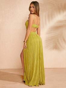 Hauture Plisse Cut Out Split Thigh Dress - Mustard Yellow - View 2