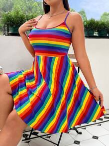 SHEIN EZwear 女式加大码夏季彩虹条纹图案 A 字形针织弹力吊带连衣裙 - 彩色 - 查看 1