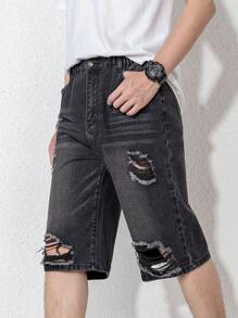 Teen Boy New Casual Fashion Denim Shorts, Weathered With Holes & Washed Out Style