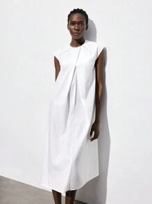 Maija Women Solid Color Crew Neck Keyhole Back Summer Dress, Teacher Work Clothes  Romantic, Fashion, Versatile; Suitable For Summer Vacation, Comfortable, Bohemian Style, Beach Wear, Swimsuit Cover-Up, Stylish, Elegant, Casual, , Simple Daily Wear, Country Style, Essential, Solid Color, Holiday Casual, Decent, Single Lady, Ideal For Vacation Elegant Fashion Business Casual Woman Going Out Tops Graduation Outfit European Summer Hawaii Outfits Women Summer Dresses For Women Streetwear Women Stockholm Style Teacher Outfits For Women - White - View 3