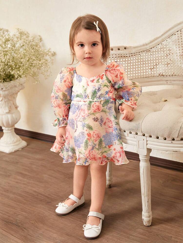Baby Girl Vacation Flower Pattern Organza Ruffle Hem Long Sleeve Dress With Inner Dress
