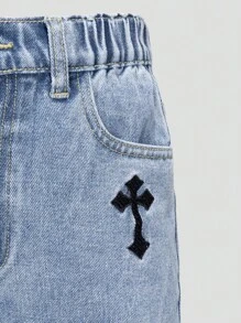 SHEIN Wildeya Dziewczęce spodenki jeansowe w stylu Y2K z haftem i postrzępionymi brzegami w luźnym kroju