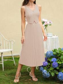 SHEIN Clasi Bộ vest và váy xếp li kiểu Jili dành cho nữ trong đám cưới có hàng nút, 2 chiếc - Bụi hồng - Xem 3