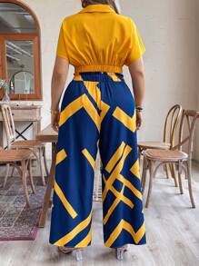 SHEIN LUNE Conjunto casual de 2 piezas para mujeres de talla grande en verano con top corto de manga murciélago y pantalones de pierna ancha a cuadros