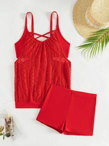 SHEIN Swim Women's Solid Color Hollow Out Cami And High Waisted Tankini Set Summer - Red - View 3