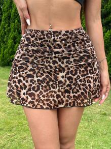 SHEIN EZwear Summer Vintage Street Style Leopard Print Pleated Ruffle Hem Fish Tail Mini Skirt For Women - Brown - View 1
