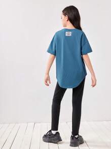 SHEIN Leap Crew 女大童標語圖案弧形下擺T恤和緊身褲 - 彩色 - 查看 2