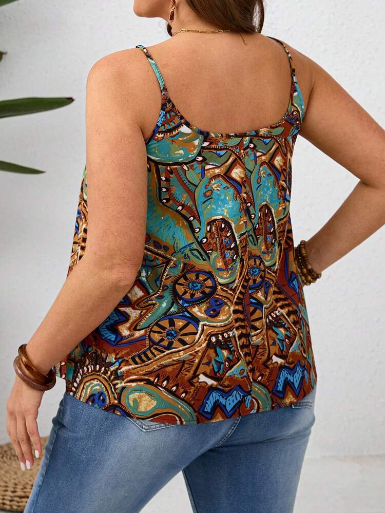 Plus Size Vintage Holiday Leisure Printed Cami Top For Teacher, For Summer,Flower/Vacation/Spring