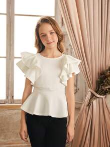 SHEIN Tween Girl Elegant And Stylish Round Neck Plain T-Shirt With Pleated Ruffle Hem Detail - White - View 3