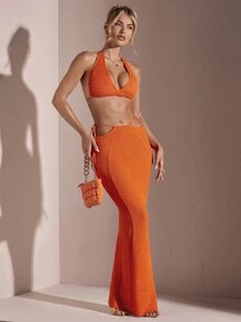 SHEIN BAE Falda larga y delgada de ganchillo elástico y conjuntos de verano para otoño/invierno - Rojo - Ver 5